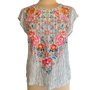 Savana Jane Micro Stripe Floral Embroidered Top Size M Cap Sleeves Boho Peasant